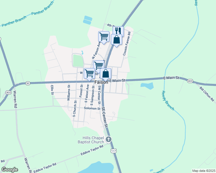 map of restaurants, bars, coffee shops, grocery stores, and more near 112 South Hill Street in Faison