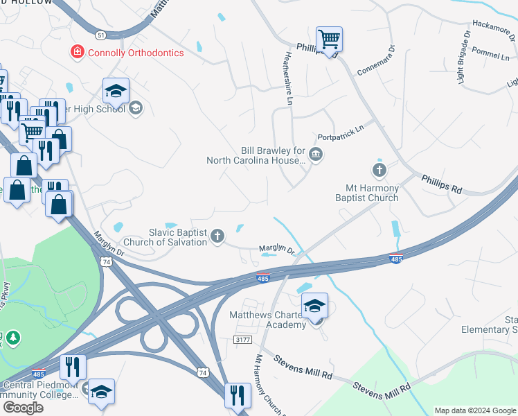 map of restaurants, bars, coffee shops, grocery stores, and more near 13217 Salvo Drive in Matthews
