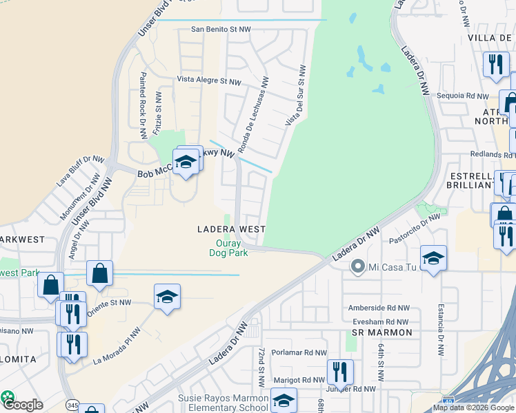 map of restaurants, bars, coffee shops, grocery stores, and more near 7308 Prenda De Plata Northwest in Albuquerque