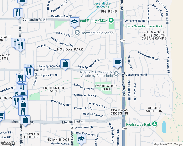 map of restaurants, bars, coffee shops, grocery stores, and more near 12200 Palm Springs Avenue Northeast in Albuquerque
