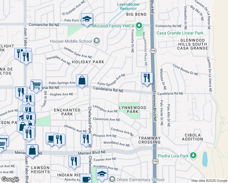 map of restaurants, bars, coffee shops, grocery stores, and more near 12200 Palm Springs Avenue Northeast in Albuquerque