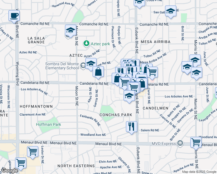 map of restaurants, bars, coffee shops, grocery stores, and more near 9401 Candelaria Road Northeast in Albuquerque