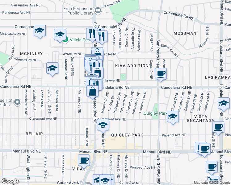 map of restaurants, bars, coffee shops, grocery stores, and more near 5413 Candelaria Road Northeast in Albuquerque