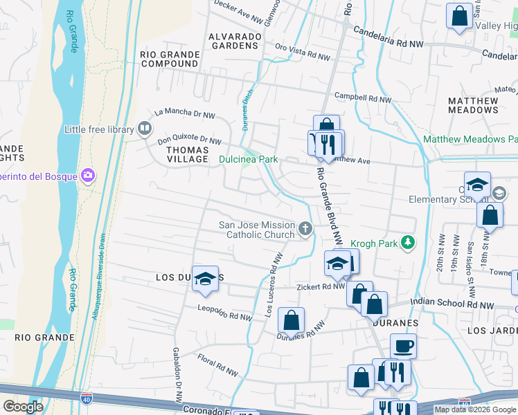 map of restaurants, bars, coffee shops, grocery stores, and more near 2304 Rozinante Drive Northwest in Albuquerque