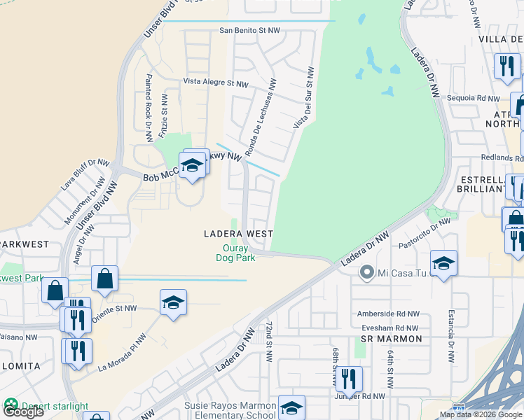 map of restaurants, bars, coffee shops, grocery stores, and more near 7308 Niquel Place Northwest in Albuquerque