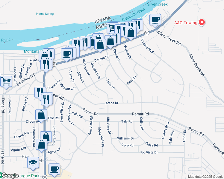 map of restaurants, bars, coffee shops, grocery stores, and more near 1450 Luna Lane in Bullhead City