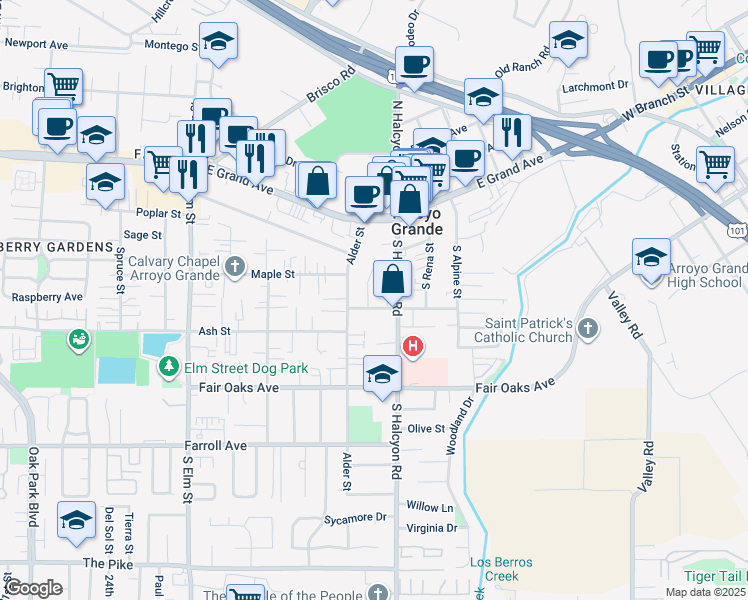 map of restaurants, bars, coffee shops, grocery stores, and more near 203 Wood Place in Arroyo Grande