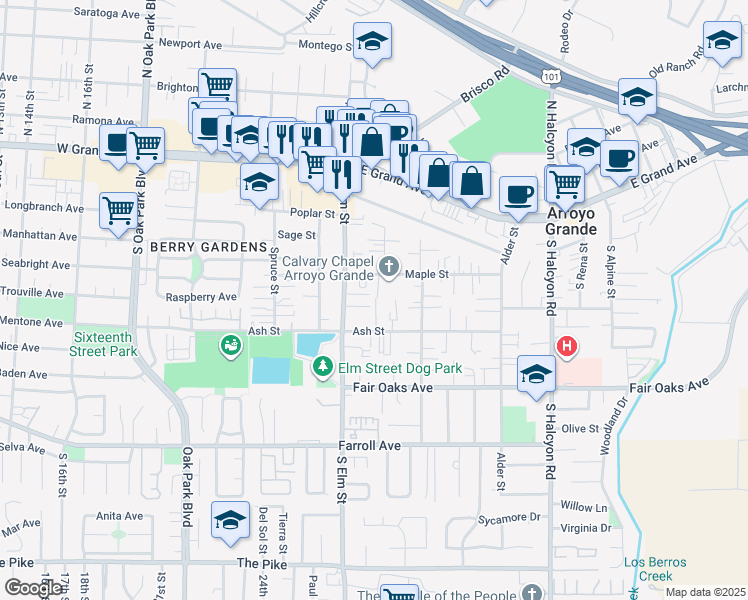 map of restaurants, bars, coffee shops, grocery stores, and more near 1133 Maple Street in Arroyo Grande