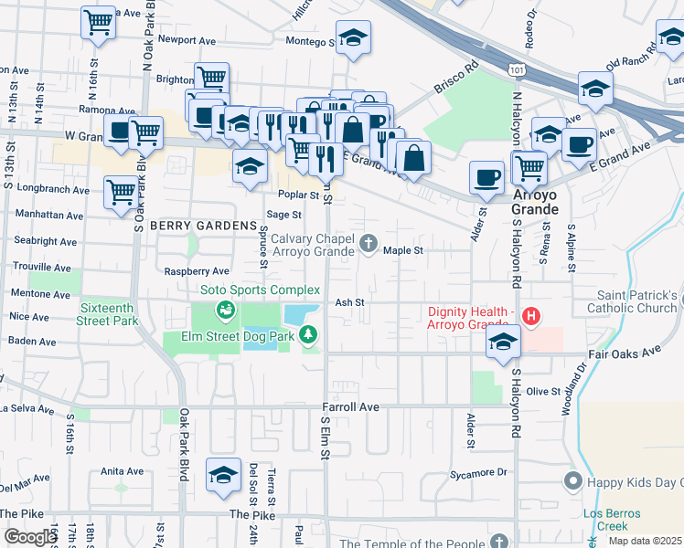 map of restaurants, bars, coffee shops, grocery stores, and more near 211 South Elm Street in Arroyo Grande