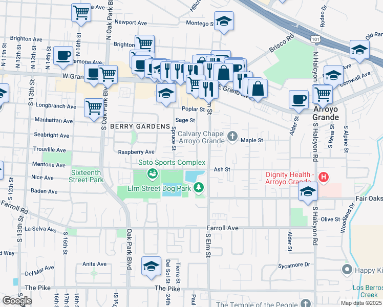 map of restaurants, bars, coffee shops, grocery stores, and more near 201 Aspen Street in Arroyo Grande
