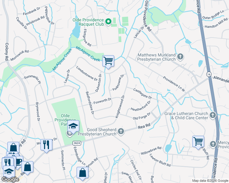 map of restaurants, bars, coffee shops, grocery stores, and more near 6731 Queensberry Drive in Charlotte