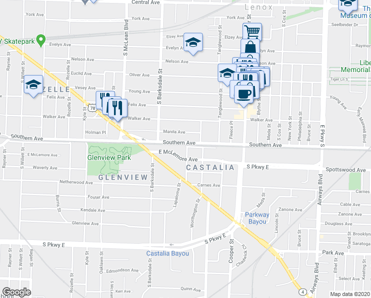 map of restaurants, bars, coffee shops, grocery stores, and more near 1956 Southern Avenue in Memphis