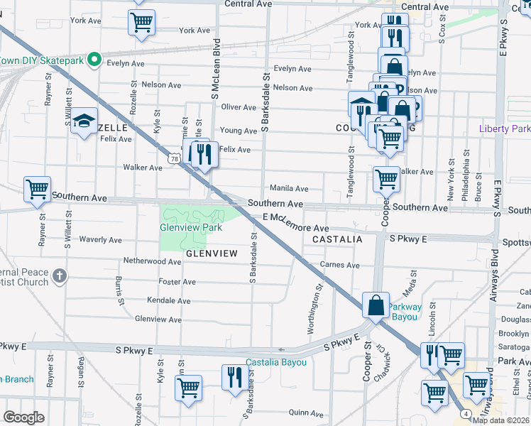 map of restaurants, bars, coffee shops, grocery stores, and more near 1920 Southern Avenue in Memphis