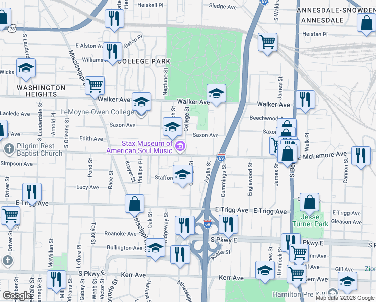 map of restaurants, bars, coffee shops, grocery stores, and more near 965 Saxon Avenue in Memphis