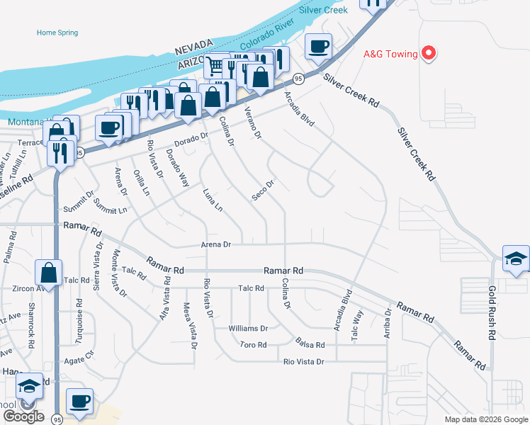 map of restaurants, bars, coffee shops, grocery stores, and more near 1475-1479 Colina Drive in Bullhead City