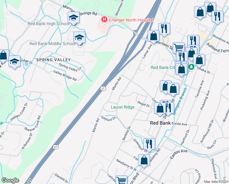 map of restaurants, bars, coffee shops, grocery stores, and more near 3502 Martin Road in Chattanooga