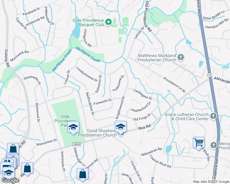 map of restaurants, bars, coffee shops, grocery stores, and more near 6731 Queensberry Drive in Charlotte