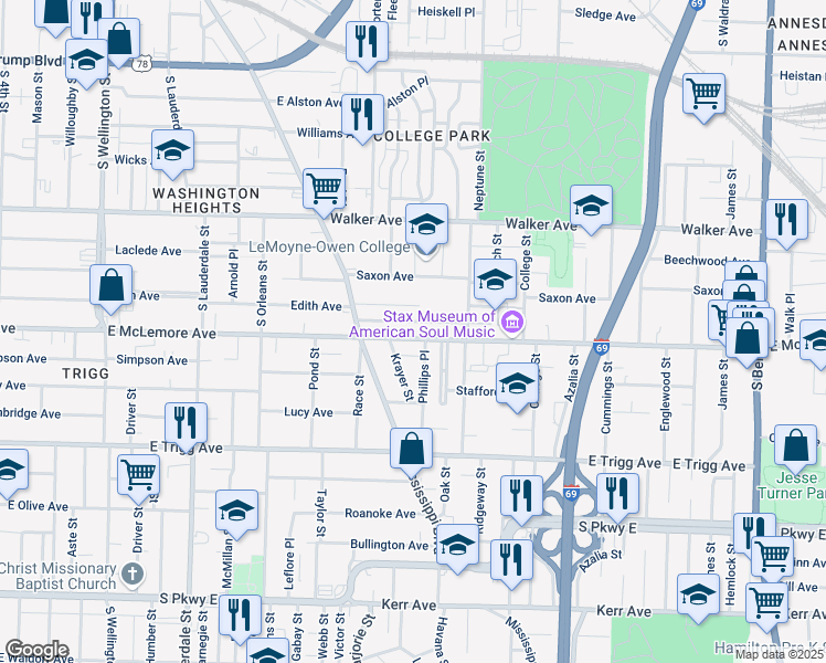 map of restaurants, bars, coffee shops, grocery stores, and more near 810 East McLemore Avenue in Memphis