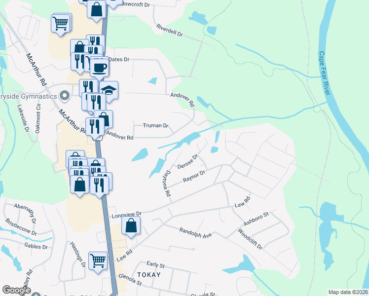 map of restaurants, bars, coffee shops, grocery stores, and more near 300-302 Andover Road in Fayetteville
