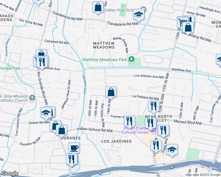 map of restaurants, bars, coffee shops, grocery stores, and more near 3100 San Isidro Street Northwest in Albuquerque