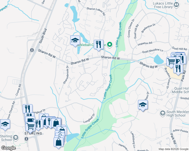 map of restaurants, bars, coffee shops, grocery stores, and more near 1806 Sabrina Court in Charlotte
