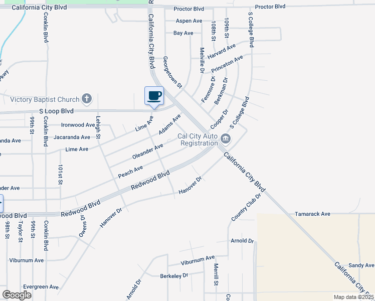 map of restaurants, bars, coffee shops, grocery stores, and more near 10648 Peach Avenue in California City