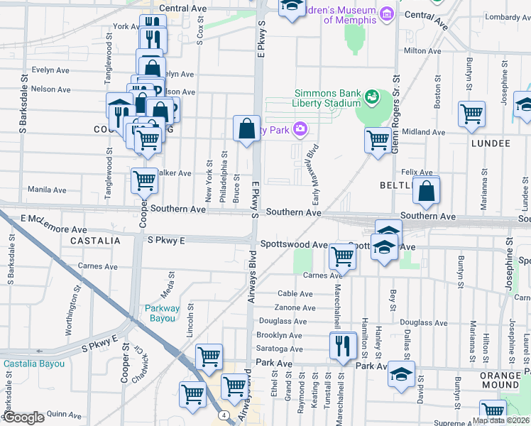 map of restaurants, bars, coffee shops, grocery stores, and more near 2358 Southern Avenue in Memphis