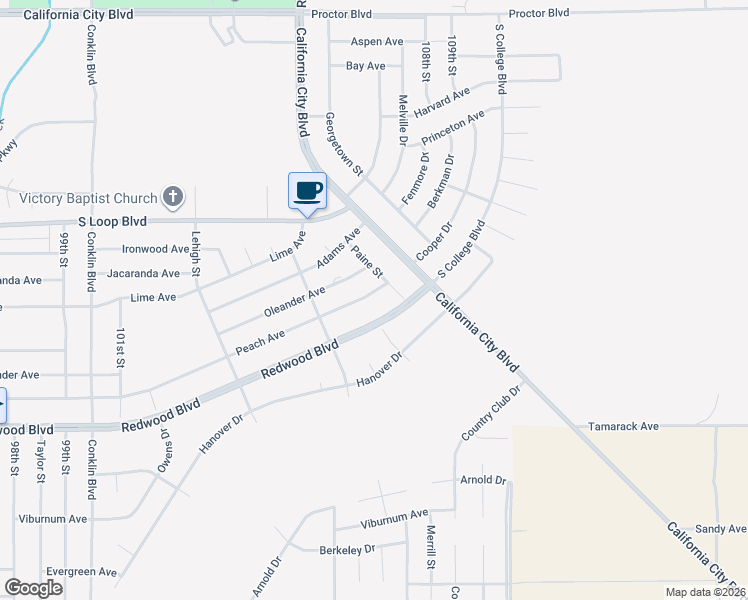 map of restaurants, bars, coffee shops, grocery stores, and more near 10648 Peach Avenue in California City