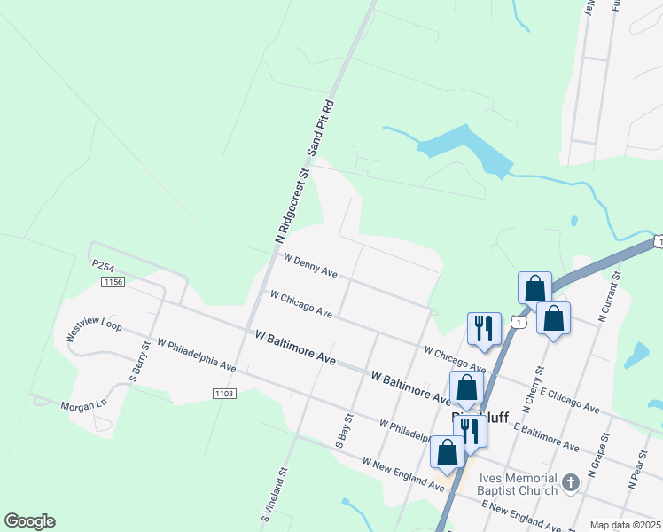 map of restaurants, bars, coffee shops, grocery stores, and more near 525 West Denny Avenue in Pinebluff