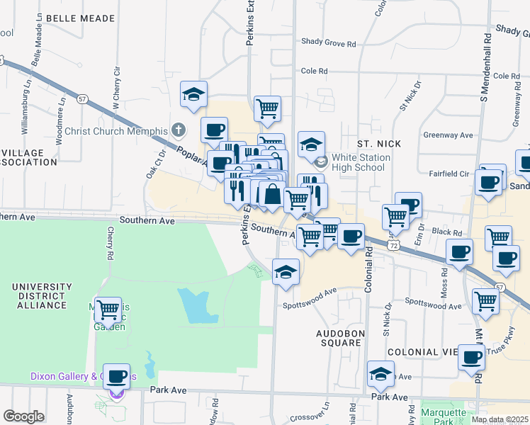 map of restaurants, bars, coffee shops, grocery stores, and more near 4615 Poplar Ave in Memphis