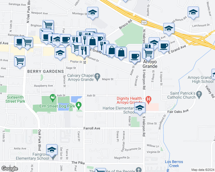 map of restaurants, bars, coffee shops, grocery stores, and more near 249 Walnut Street in Arroyo Grande