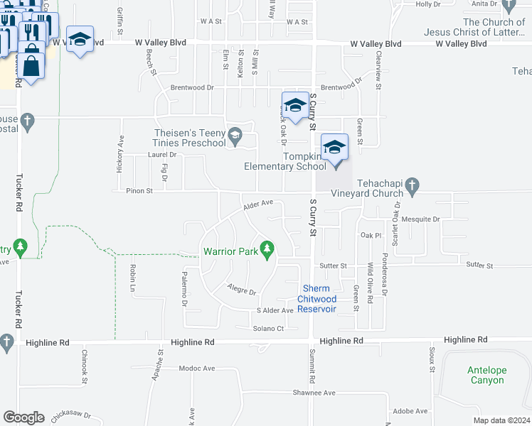 map of restaurants, bars, coffee shops, grocery stores, and more near 311 West Meadowbrook Court in Tehachapi