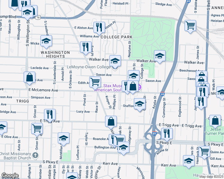 map of restaurants, bars, coffee shops, grocery stores, and more near 810 East McLemore Avenue in Memphis