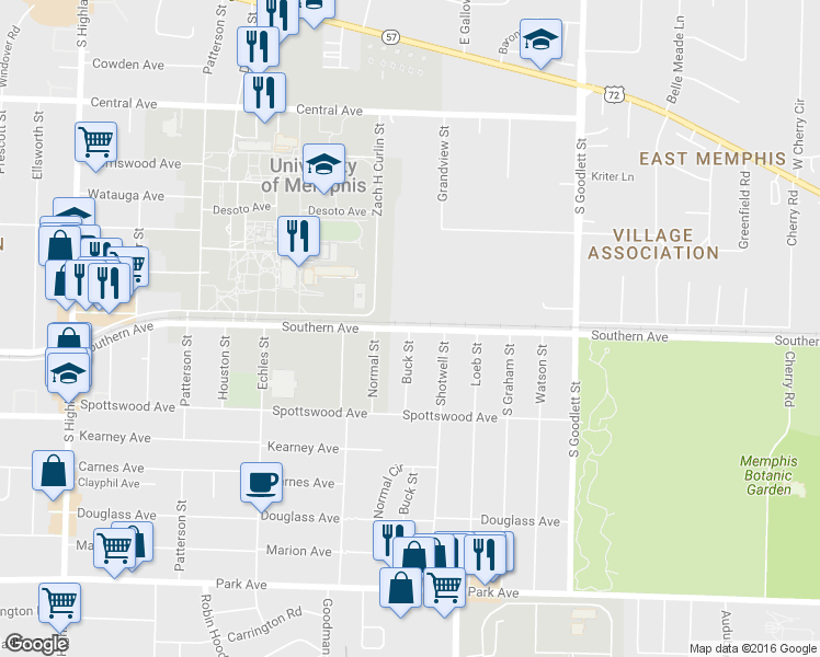 map of restaurants, bars, coffee shops, grocery stores, and more near Southern Ave & Buck St in Memphis