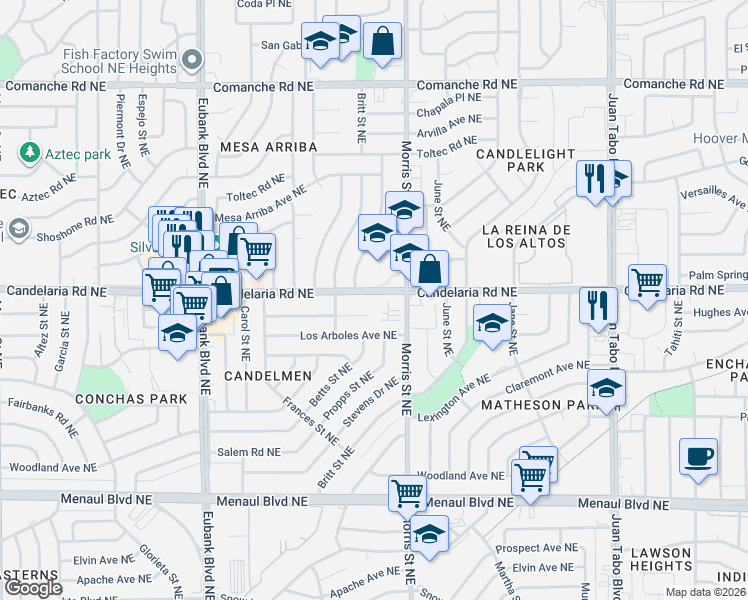 map of restaurants, bars, coffee shops, grocery stores, and more near 10301 Candelaria Road Northeast in Albuquerque