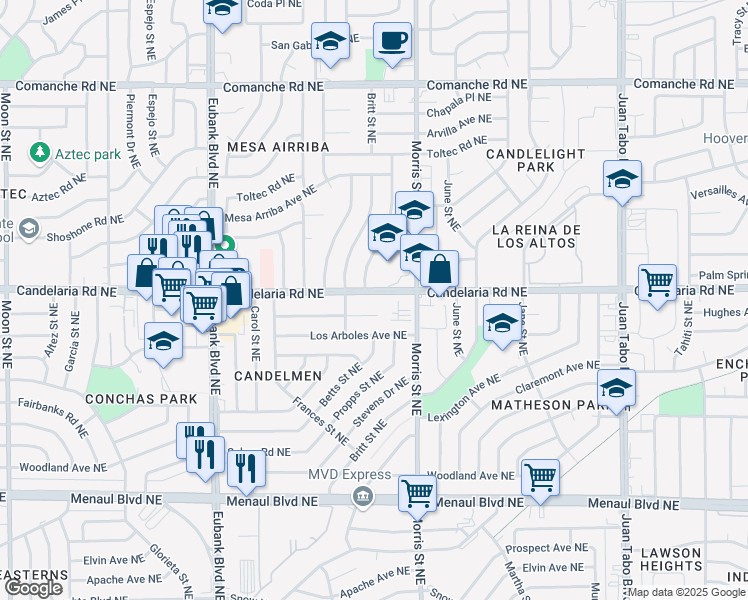 map of restaurants, bars, coffee shops, grocery stores, and more near 3101 Betts Drive Northeast in Albuquerque