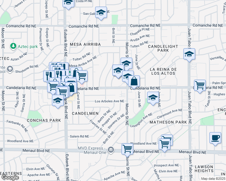 map of restaurants, bars, coffee shops, grocery stores, and more near 3101 Betts Drive Northeast in Albuquerque