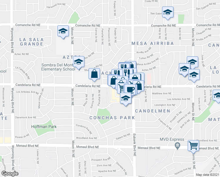 map of restaurants, bars, coffee shops, grocery stores, and more near 3001 Conchas Street Northeast in Albuquerque