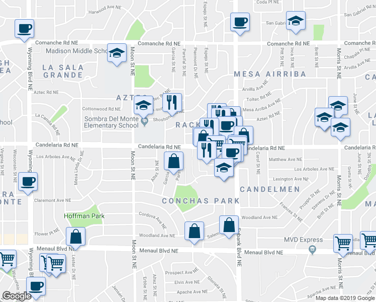map of restaurants, bars, coffee shops, grocery stores, and more near 9401 Candelaria Road Northeast in Albuquerque