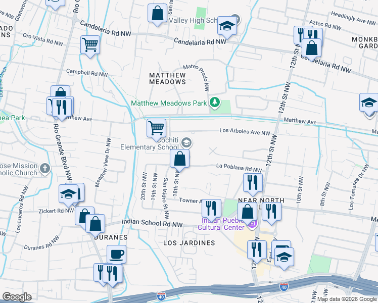 map of restaurants, bars, coffee shops, grocery stores, and more near 1500 Los Arboles Avenue Northwest in Albuquerque