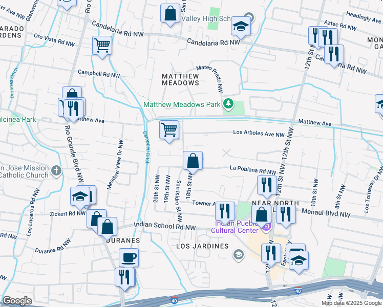 map of restaurants, bars, coffee shops, grocery stores, and more near 1518 Los Arboles Avenue Northwest in Albuquerque