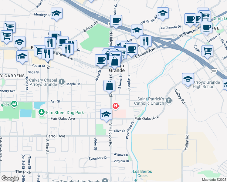 map of restaurants, bars, coffee shops, grocery stores, and more near 207 South Halcyon Road in Arroyo Grande