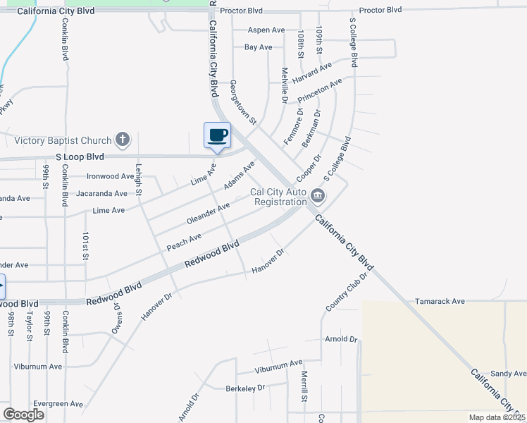 map of restaurants, bars, coffee shops, grocery stores, and more near 20348 Paine Street in California City