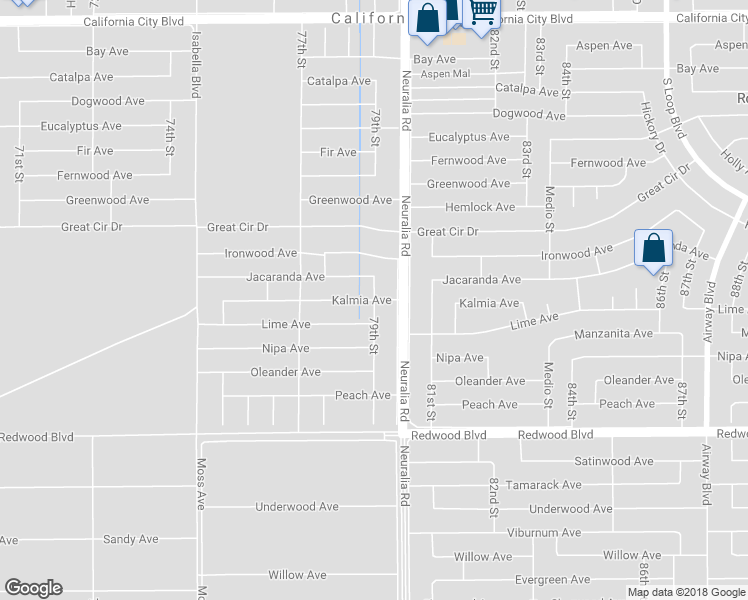 map of restaurants, bars, coffee shops, grocery stores, and more near Kalmia Avenue in California City