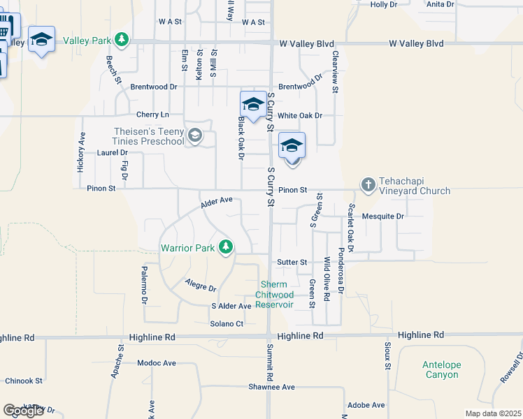map of restaurants, bars, coffee shops, grocery stores, and more near 203 West Meadowbrook Court in Tehachapi