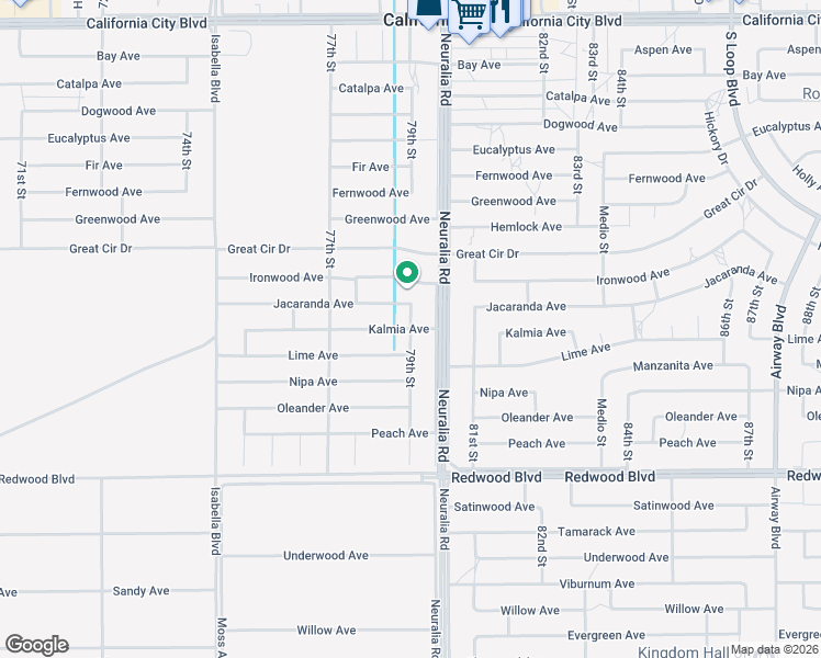 map of restaurants, bars, coffee shops, grocery stores, and more near Kalmia Avenue in California City