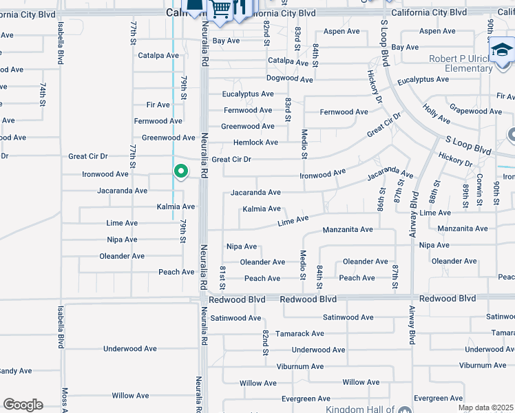 map of restaurants, bars, coffee shops, grocery stores, and more near 8137 Jacaranda Avenue in California City
