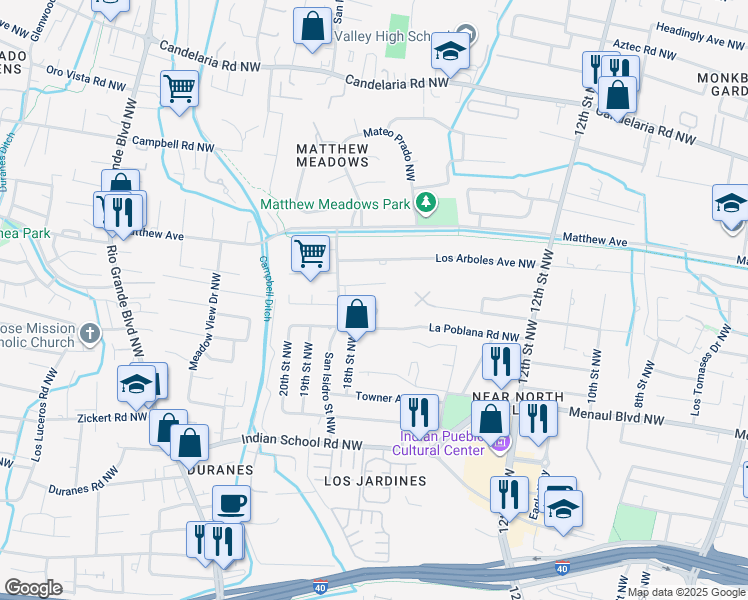 map of restaurants, bars, coffee shops, grocery stores, and more near 3100 San Isidro Street Northwest in Albuquerque