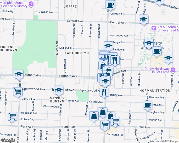map of restaurants, bars, coffee shops, grocery stores, and more near 576 Prescott Street in Memphis