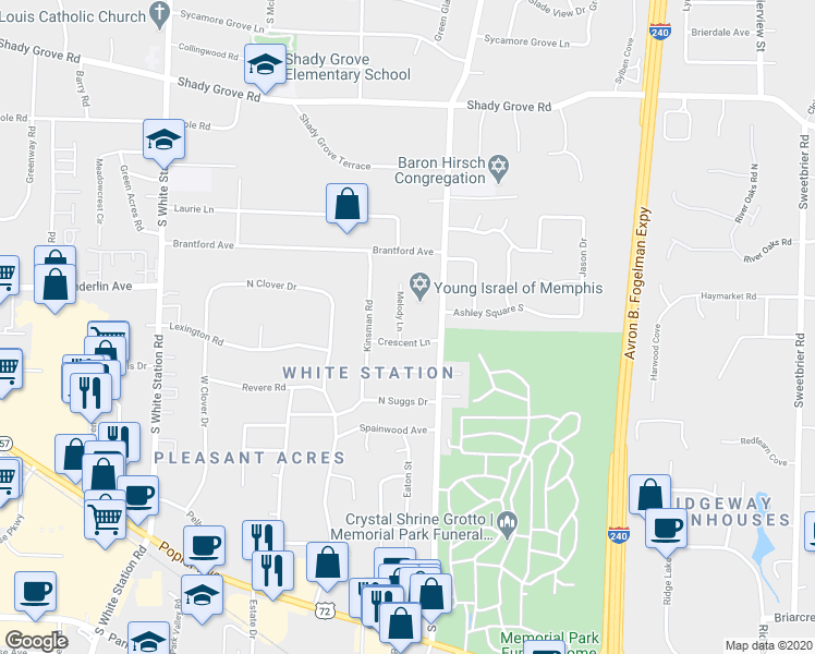 map of restaurants, bars, coffee shops, grocery stores, and more near 556 Melody Lane in Memphis